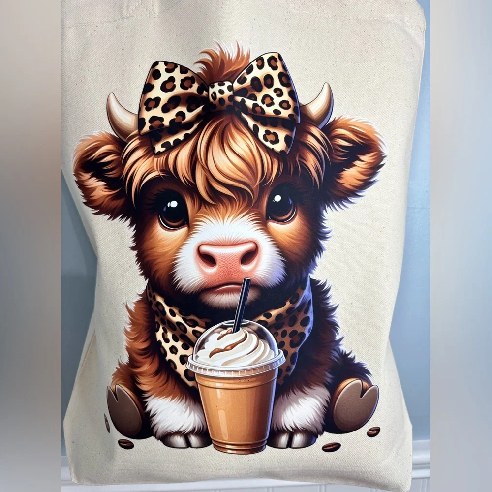 Cute Cow Canvas Tote with Leopard Bow Beige
Book Bag Groceries Beach Handmade - Picture 3 of 8